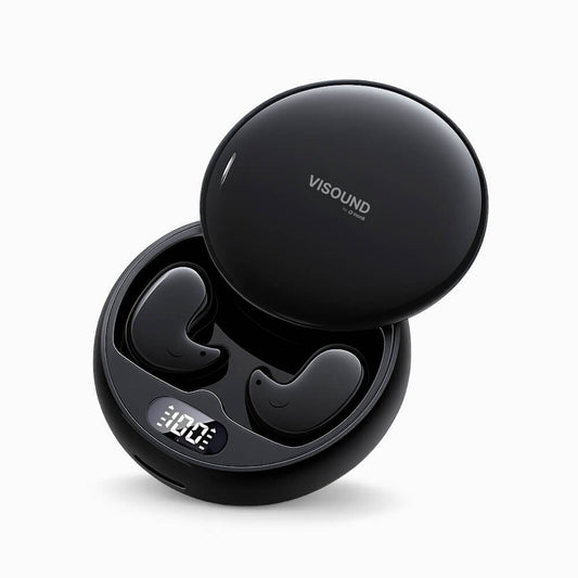 Black Visound wireless earbuds in an open circular charging case featuring the Visound logo, two black earbuds with subtle smile-like details, and a digital display showing 100, presented on a white background