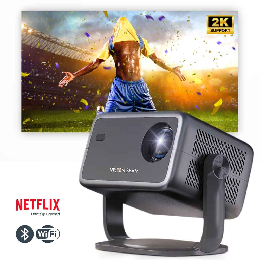 Digital composite Vision Beam projector, dark gray with a shining lens, projecting a soccer player in a yellow and blue kit celebrating with colorful confetti in a stadium, prominently featuring 2K Support Netflix Bluetooth and Wi-Fi logos