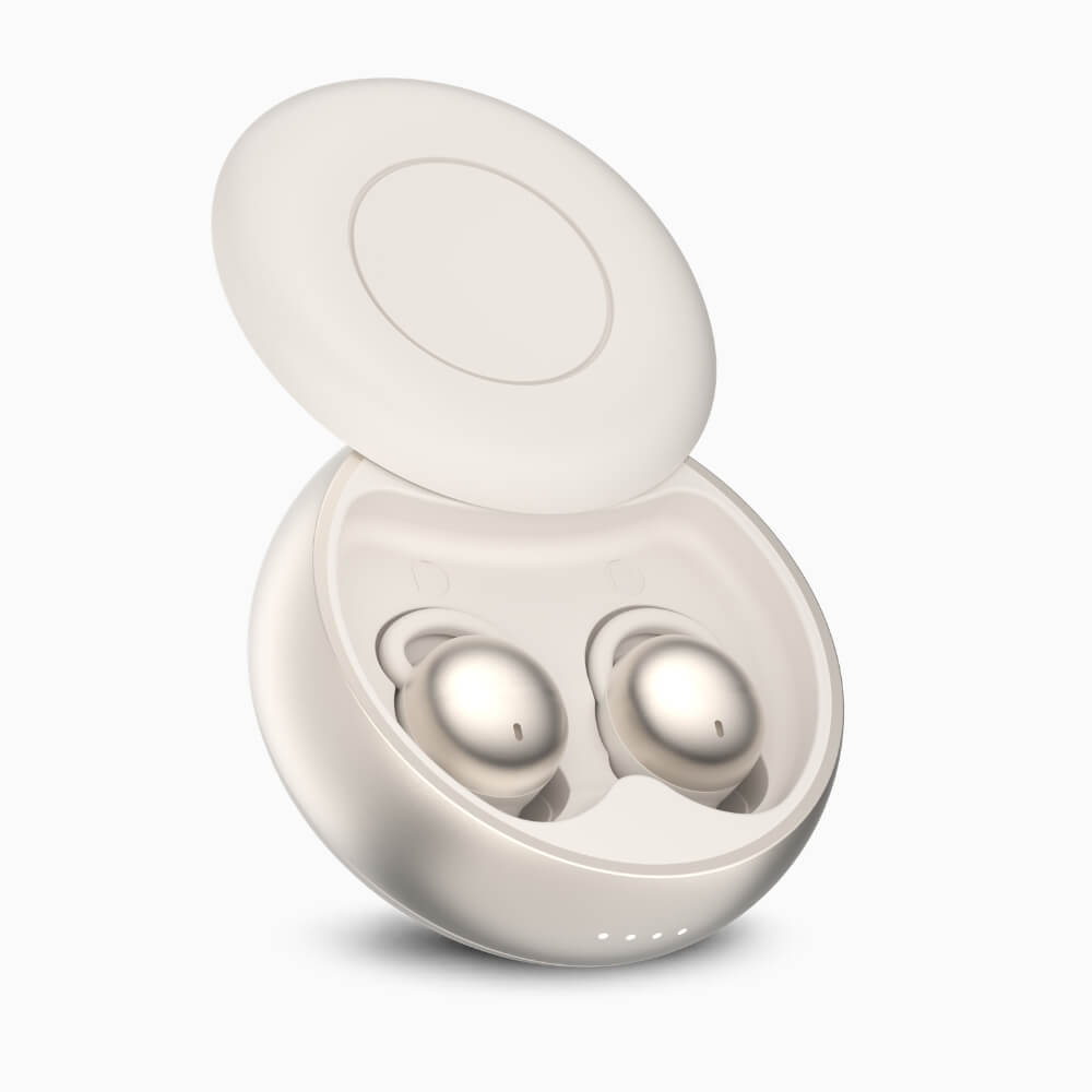 ViSound™ Hush sleep earbuds in a white charging case, with earbuds nestled inside, showcasing a sleek design.