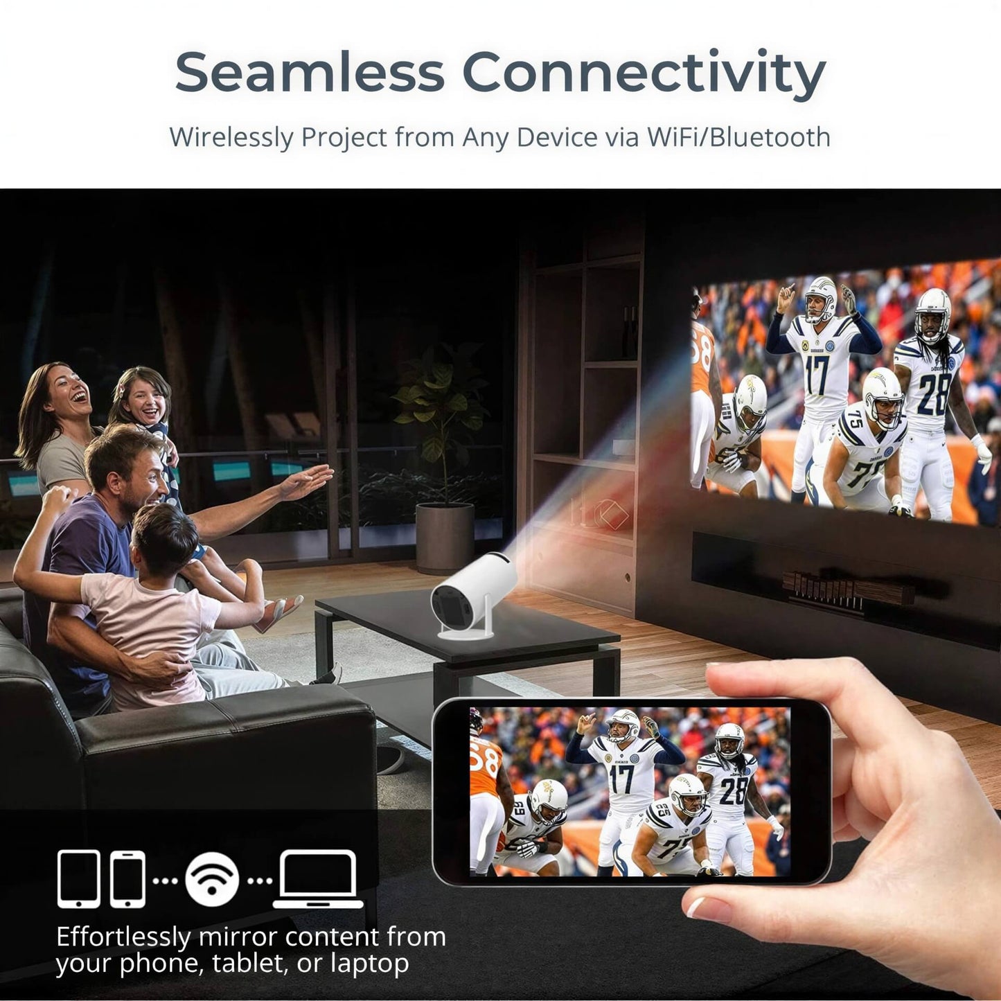Product photography depicting a joyful family in a modern living room watching a wirelessly projected American football game on a large screen, driven by a white cylindrical projector and a mirroring smartphone