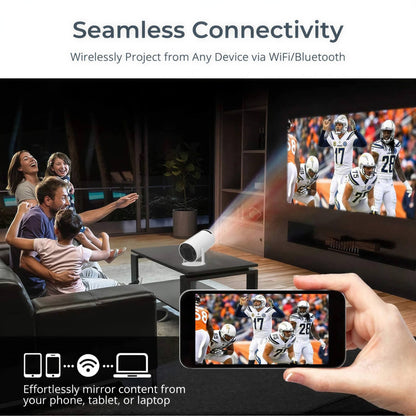 Product photography depicting a joyful family in a modern living room watching a wirelessly projected American football game on a large screen, driven by a white cylindrical projector and a mirroring smartphone