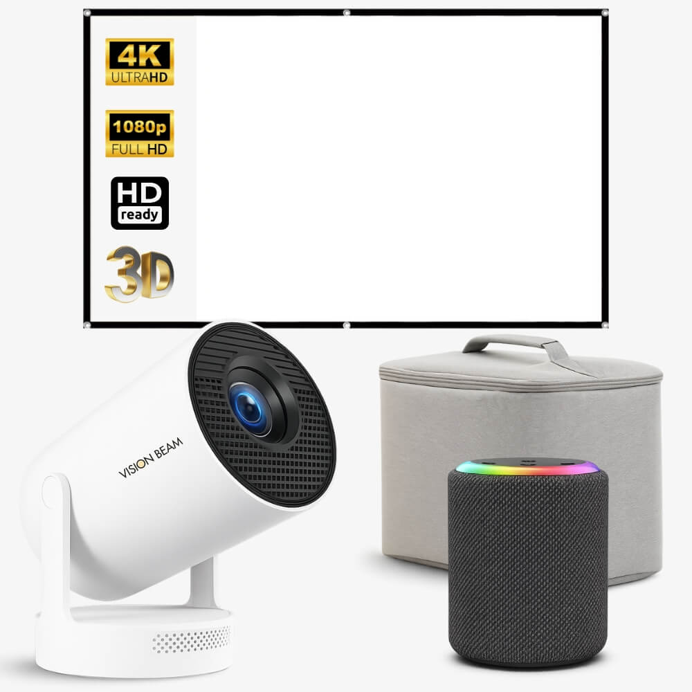 A home cinema projection bundle featuring a white "VISION BEAM" projector with a visible blue lens, a black cylindrical speaker with a vibrant rainbow LED top light, a large white projector screen showing 4K UltraHD and 3D capabilities, and a grey portable storage case