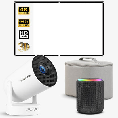 A home cinema projection bundle featuring a white "VISION BEAM" projector with a visible blue lens, a black cylindrical speaker with a vibrant rainbow LED top light, a large white projector screen showing 4K UltraHD and 3D capabilities, and a grey portable storage case