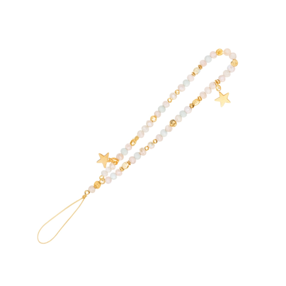 Jewelry: a delicate gold-plated beaded toe ring chain featuring alternating pale pink and light blue beads with two prominent gold star charms