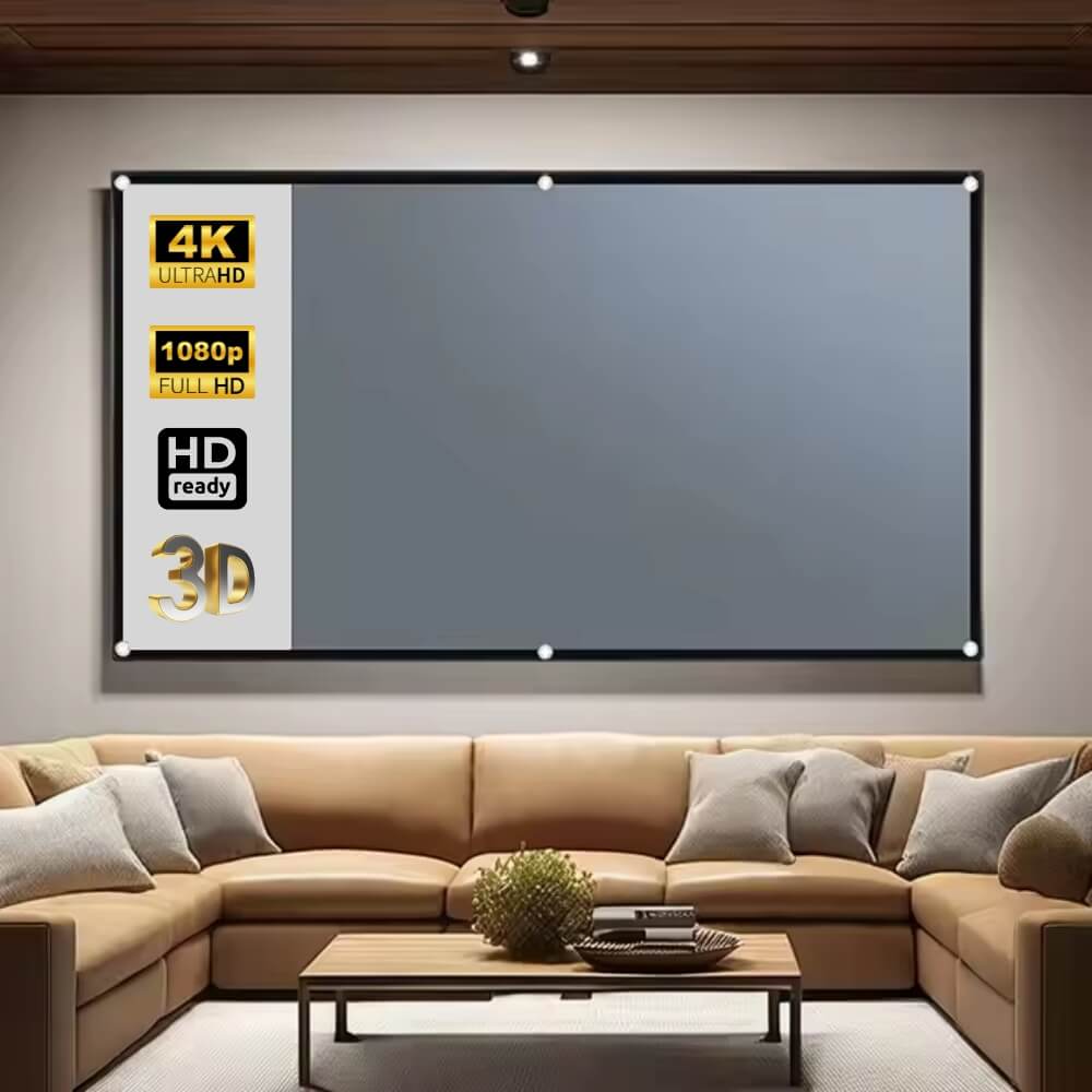 A home theater projector screen featuring 4K ULTRAHD 1080p FULL HD HD ready and 3D compatibility in a modern living room with a tan leather U-shaped sofa and wooden coffee table