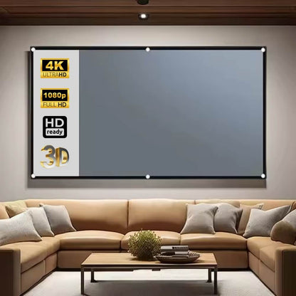 A home theater projector screen featuring 4K ULTRAHD 1080p FULL HD HD ready and 3D compatibility in a modern living room with a tan leather U-shaped sofa and wooden coffee table