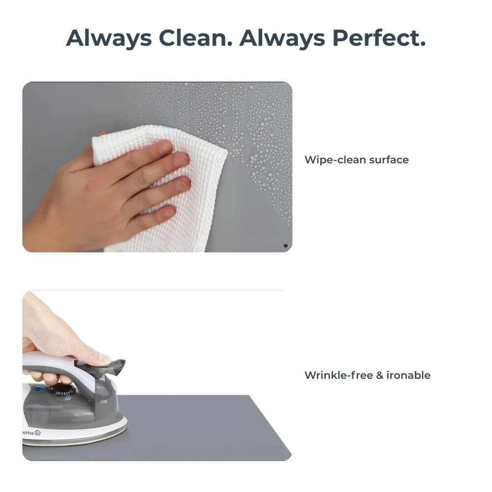 A versatile grey mat demonstrating its wipe-clean surface with a hand wiping water droplets with a white cloth and its ironable wrinkle-free quality with a modern grey and white steam iron