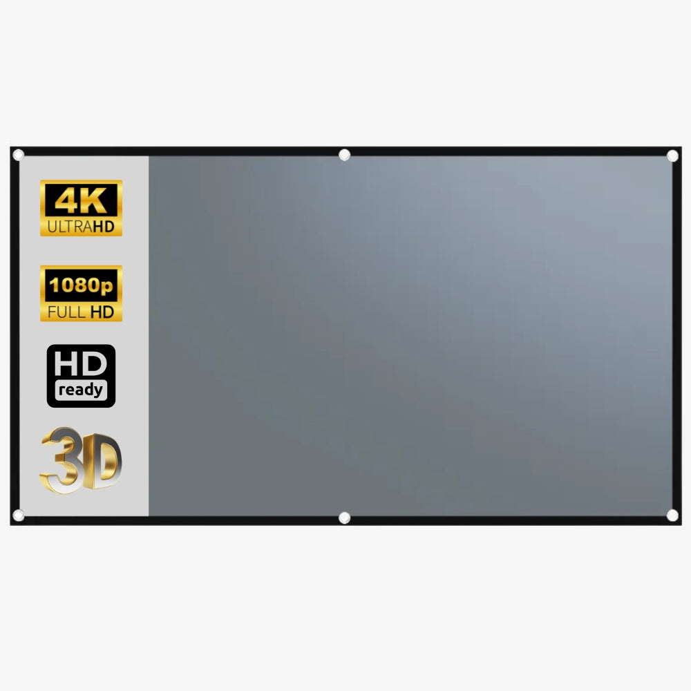 Digital graphic of a grey portable projection screen with a black border white grommets and gold and black badges indicating 4K Ultra HD 1080p Full HD HD ready and 3D support