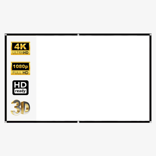 Graphic design of a blank white projector screen with a black border and silver grommets featuring gold and black badges indicating 4K UltraHD 1080p Full HD HD ready and 3D compatibility