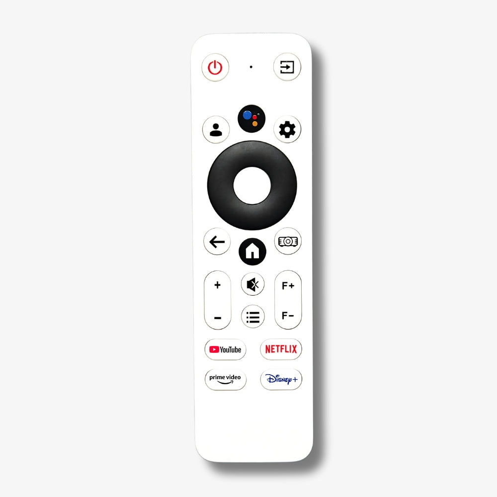 White smart TV remote control on a plain background featuring a prominent black navigation ring, a colorful Google Assistant button, and red YouTube and Netflix logos