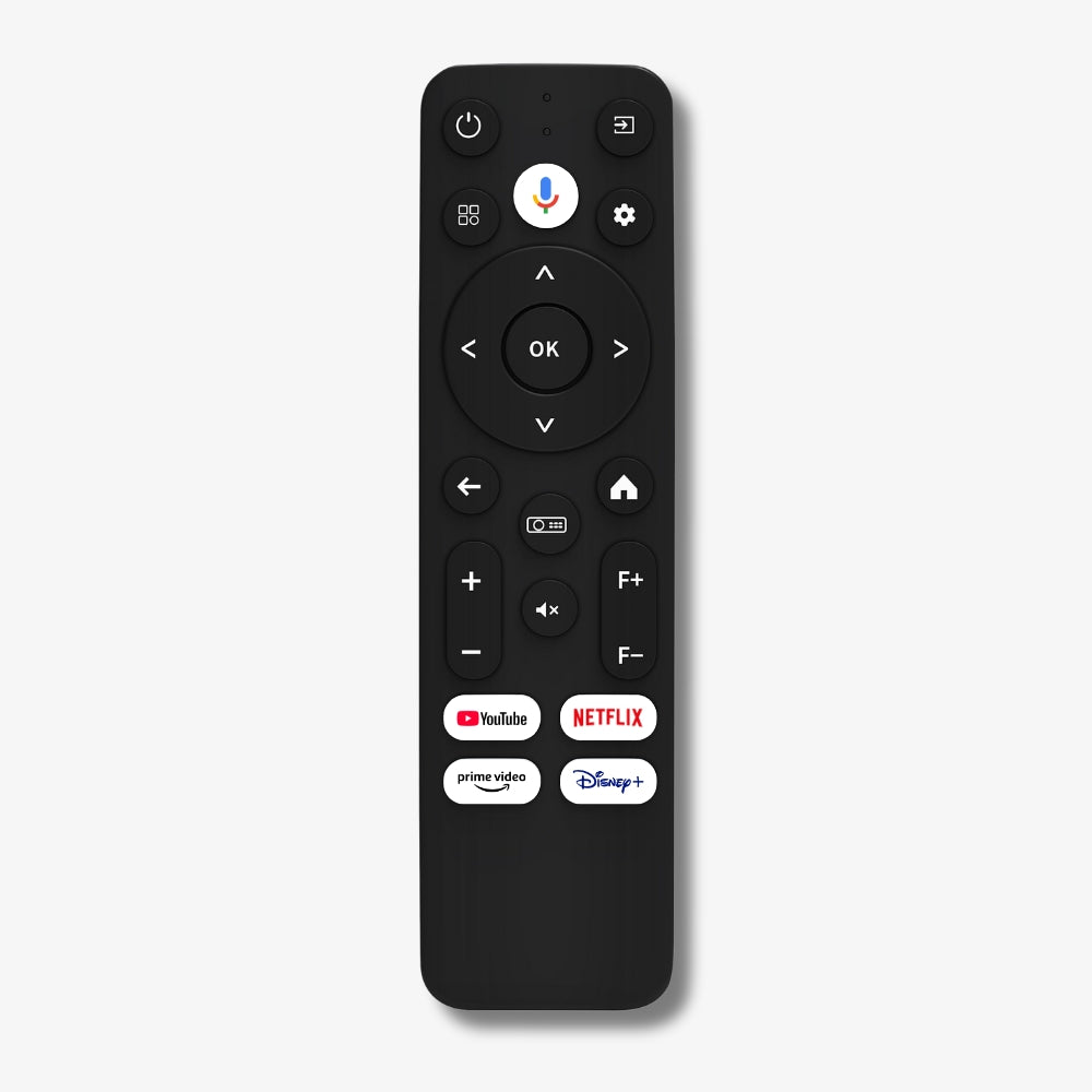 Black smart TV remote control against a plain white background displaying a colorful Google Assistant microphone button and dedicated streaming app buttons for YouTube Netflix Prime Video and Disney+