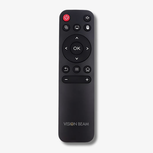 A matte black Vision Beam remote control on a white background featuring a red power button and a central circular navigation pad with an "OK" button