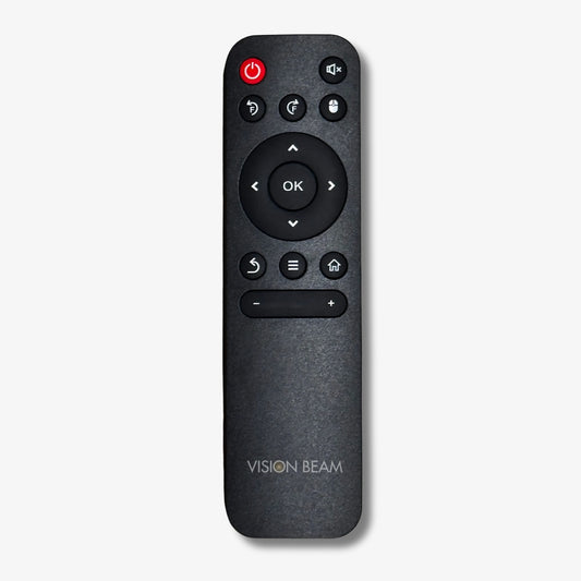 Photograph of a sleek black Vision Beam remote control on a white background featuring a prominent red power button, a central navigation pad with an OK button, and various white function icons