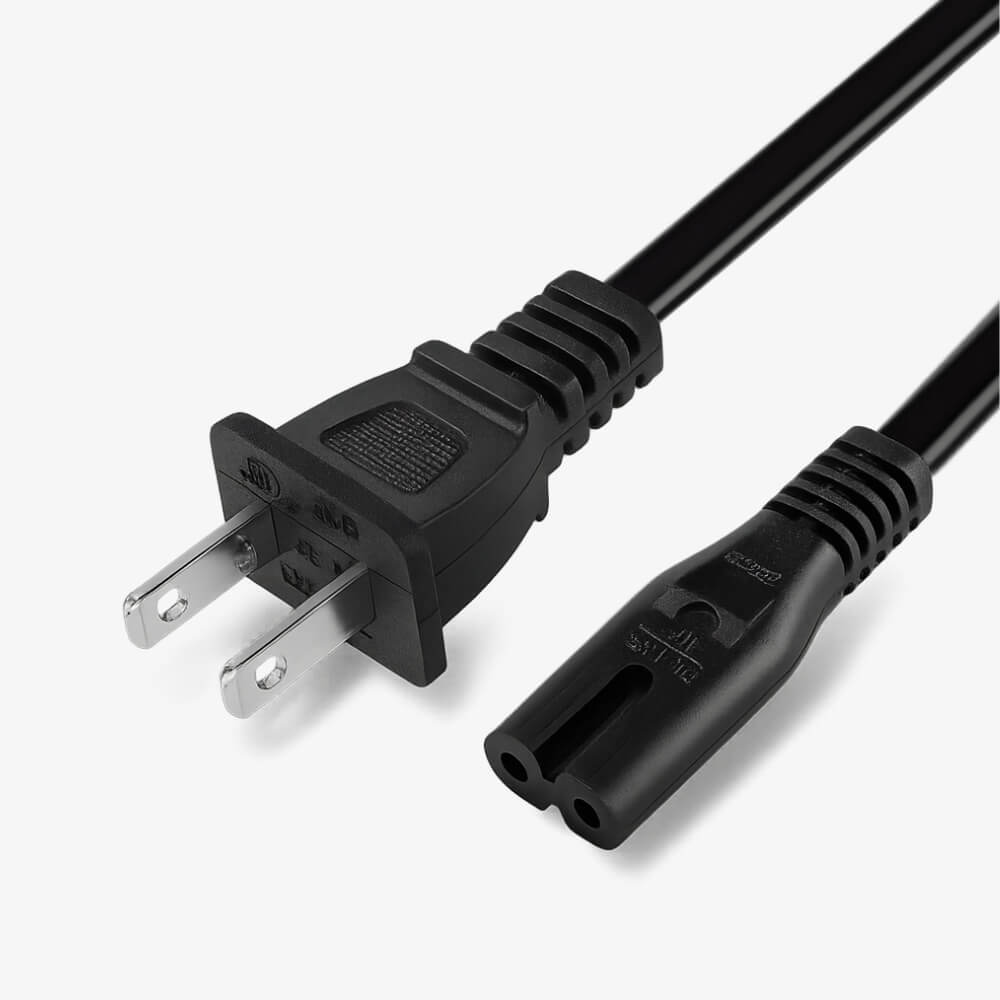 Digital photograph of a black power cable featuring a NEMA 1-15P US 2-prong plug and a non-polarized C7 figure-8 connector on a clean white background