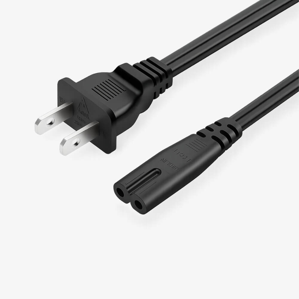 Black power cord featuring a non-polarized two-prong US AC wall plug on one end and a non-polarized C7 figure-8 connector on the other against a plain white background