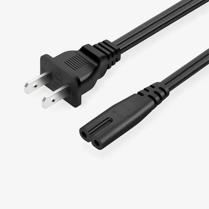 Black power cord featuring a non-polarized two-prong US AC wall plug on one end and a non-polarized C7 figure-8 connector on the other against a plain white background