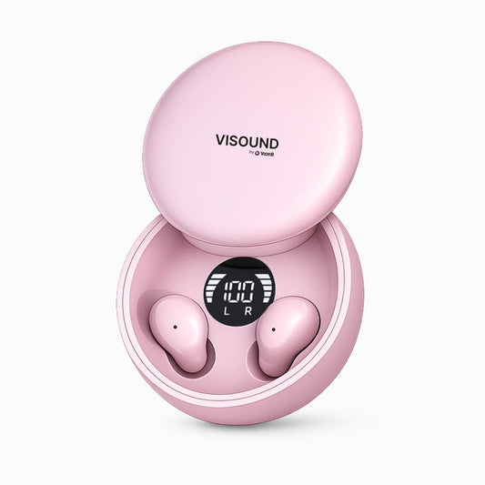 Product image, VISOUND by VionB pink wireless earbuds and their open charging case showing a digital 100 L R display against a white background