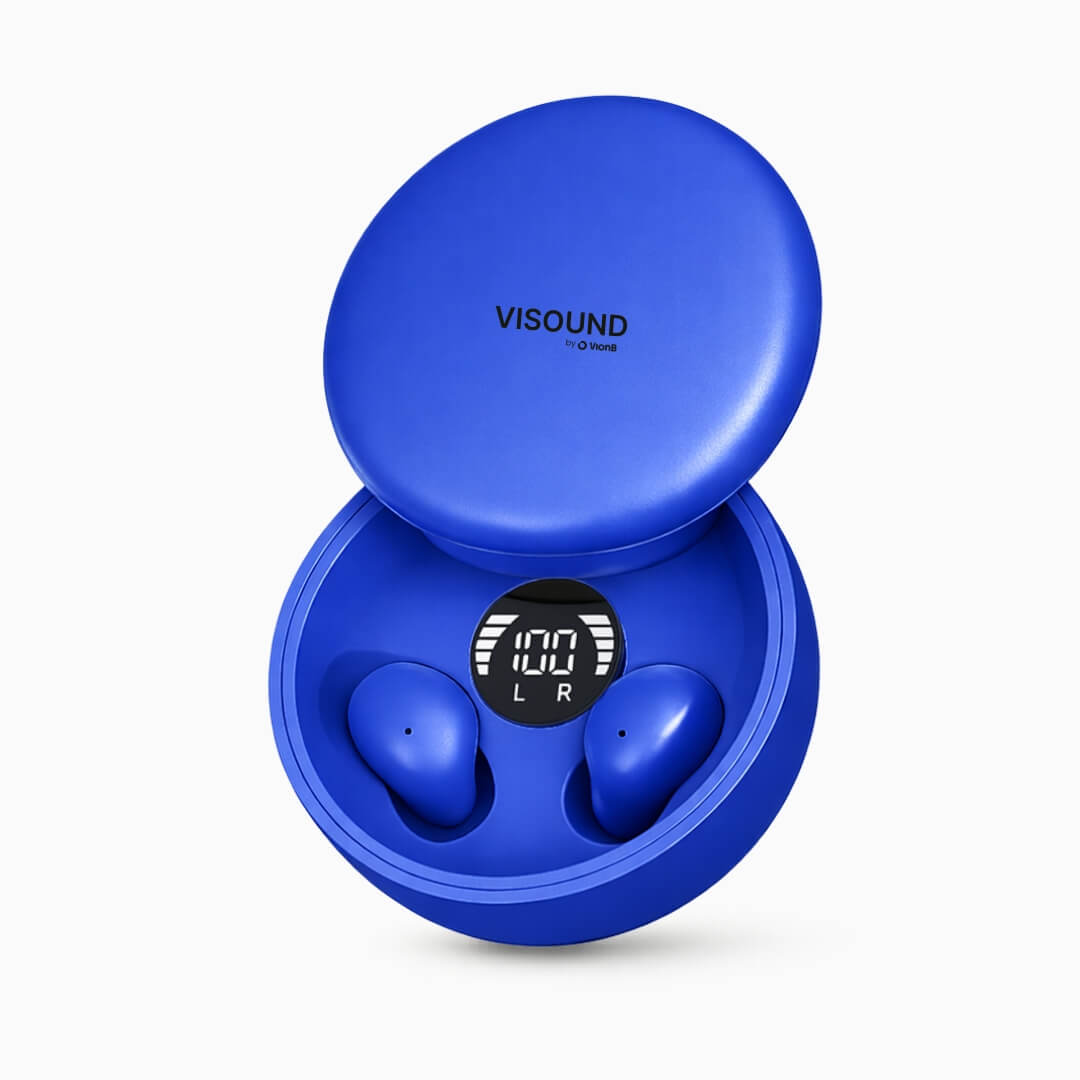 VISOUND by VionB electric blue wireless earbuds in their open charging case featuring a digital display showing 100 percent battery and L R indicators