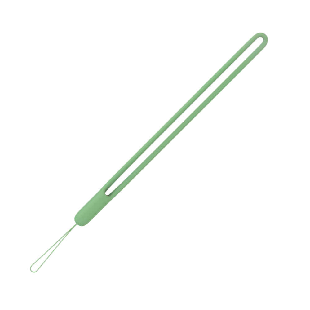 A light green silicone wrist strap featuring an elongated rounded main section with two parallel slits and a thin loop for attachment on a plain white background