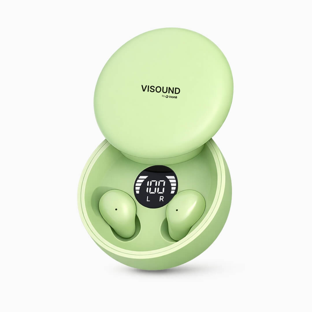 Visound by Vions light green wireless earbuds in an open charging case displaying a digital LED screen with 100 percent battery and L R indicators