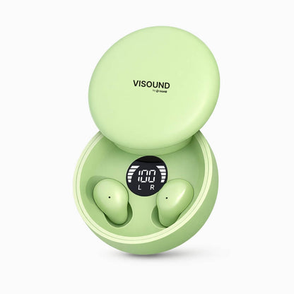Visound by Vions light green wireless earbuds in an open charging case displaying a digital LED screen with 100 percent battery and L R indicators