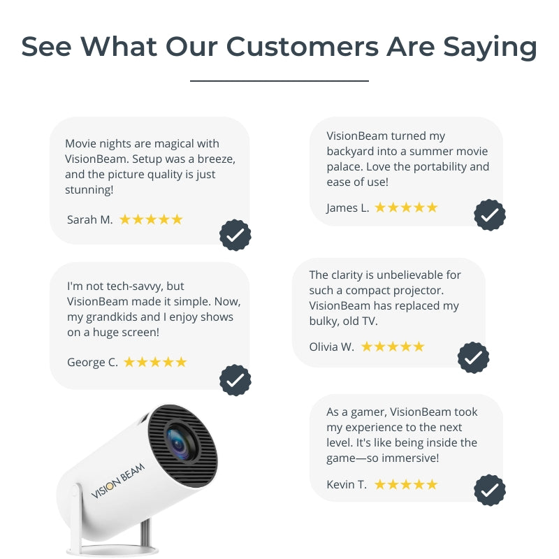 Digital image featuring customer testimonials for VisionBeam projector, displaying five review bubbles with five-star ratings and checkmark icons, alongside a white cylindrical VisionBeam projector with its front lens and branding visible