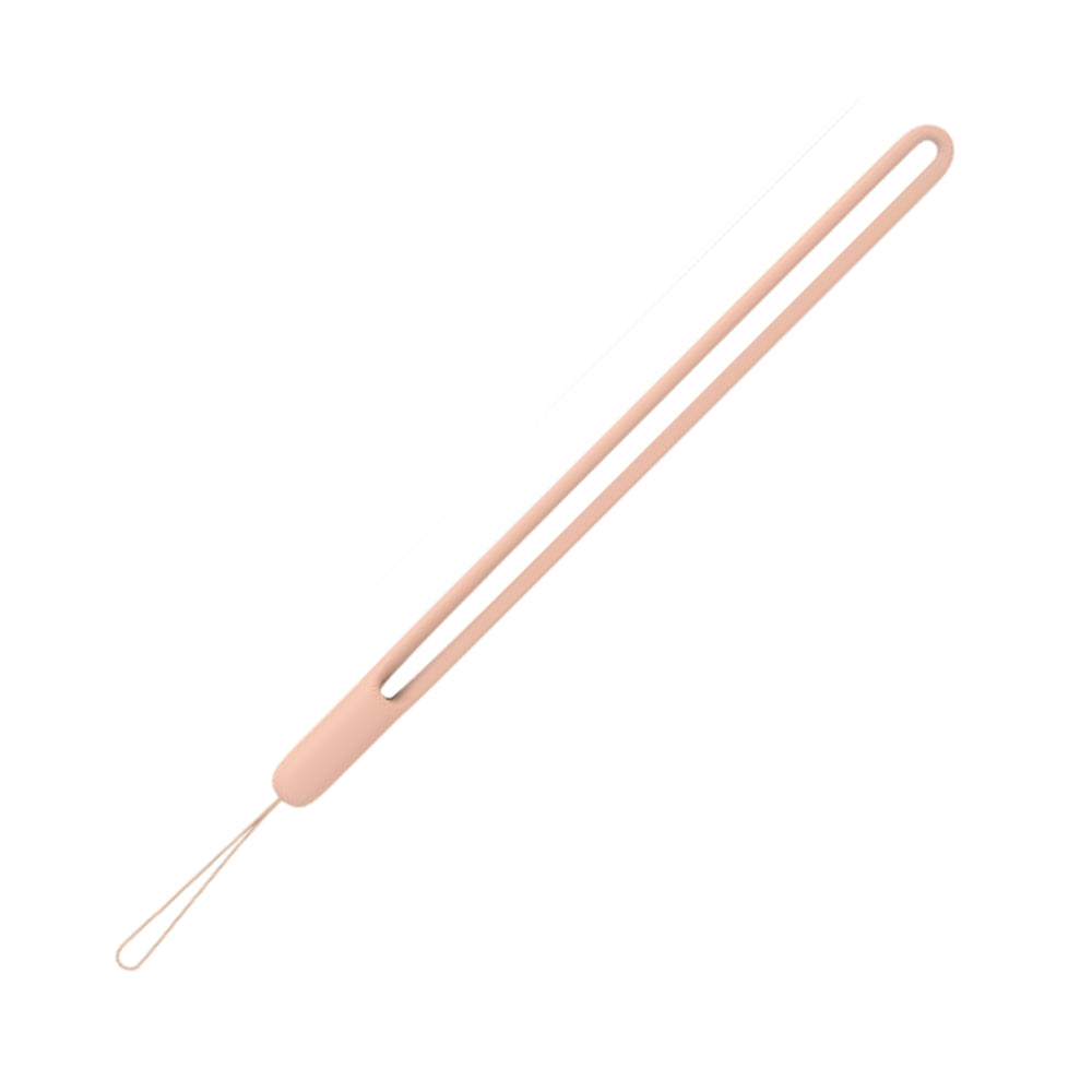 Product photo of a light pink silicone wrist strap featuring an elongated double loop and a thin string attachment against a clean white background