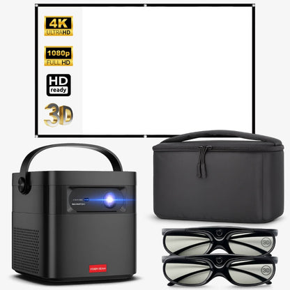 A Vision Beam black portable projector with a glowing blue lens, a white screen advertising 4K Ultra HD and 3D, a matching black carrying case, and two pairs of black 3D glasses