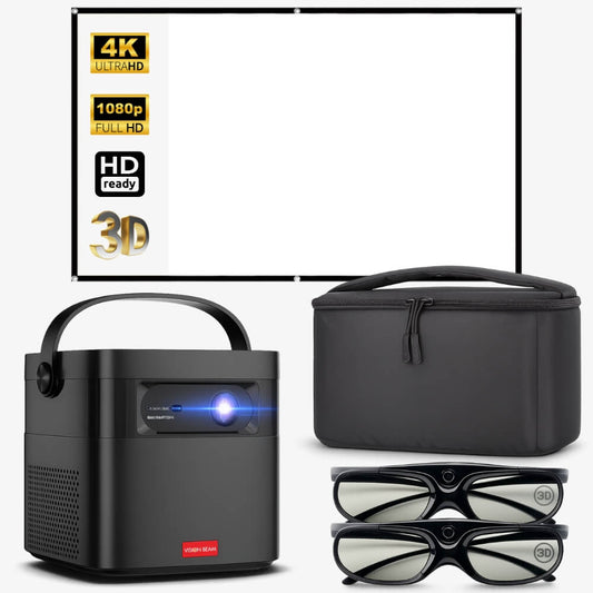 A Vision Beam black portable projector with a glowing blue lens, a white screen advertising 4K Ultra HD and 3D, a matching black carrying case, and two pairs of black 3D glasses