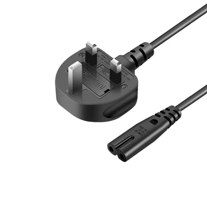 Black power cable with a UK Type G three-pin plug rated 13A 250V and a C7 figure-8 connector rated 2.5A 250V