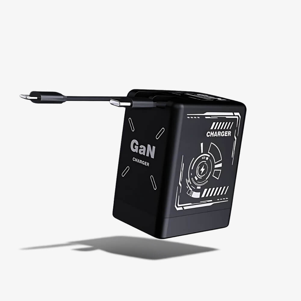 Black rectangular GaN charger with white GaN CHARGER text, futuristic circuit graphics featuring a lightning bolt symbol, and an attached USB-C cable floating on a plain white background