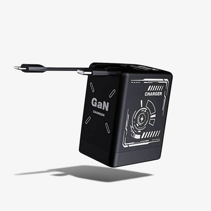 Black rectangular GaN charger with white GaN CHARGER text, futuristic circuit graphics featuring a lightning bolt symbol, and an attached USB-C cable floating on a plain white background
