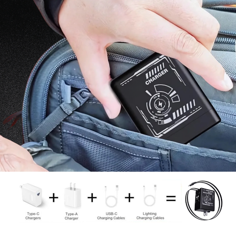 A hand places a sleek black portable charger featuring a white futuristic circuit and lightning bolt graphic into a grey travel bag, accompanied by an infographic illustrating its compatibility with Type-C, Type-A, USB-C, and Lightning charging components