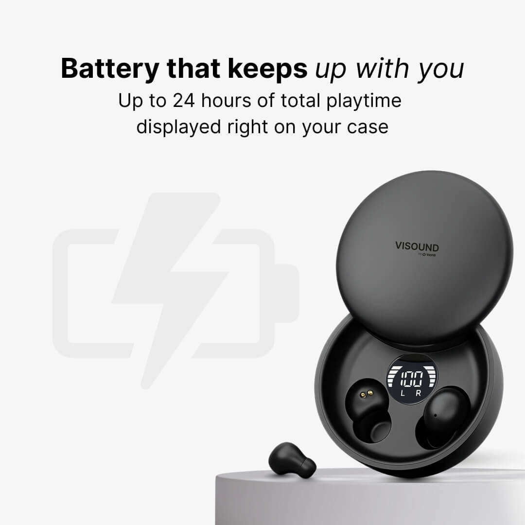 Product photography of an open black VISOUND wireless earbud charging case on a grey stand showing a digital 100% battery display and 'L R' status, with one earbud removed, and marketing text 'Battery that keeps up with you' indicating 24 hours of playtime