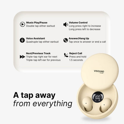 Digital advertisement for Visound, showcasing cream-colored wireless earbuds in an open charging case with the "VISOUND" logo on its lid and an LED display showing "100 L R", alongside a white instruction panel detailing tap controls for music, volume, voice assistant, and call functions, positioned above the slogan "A tap away from everything"