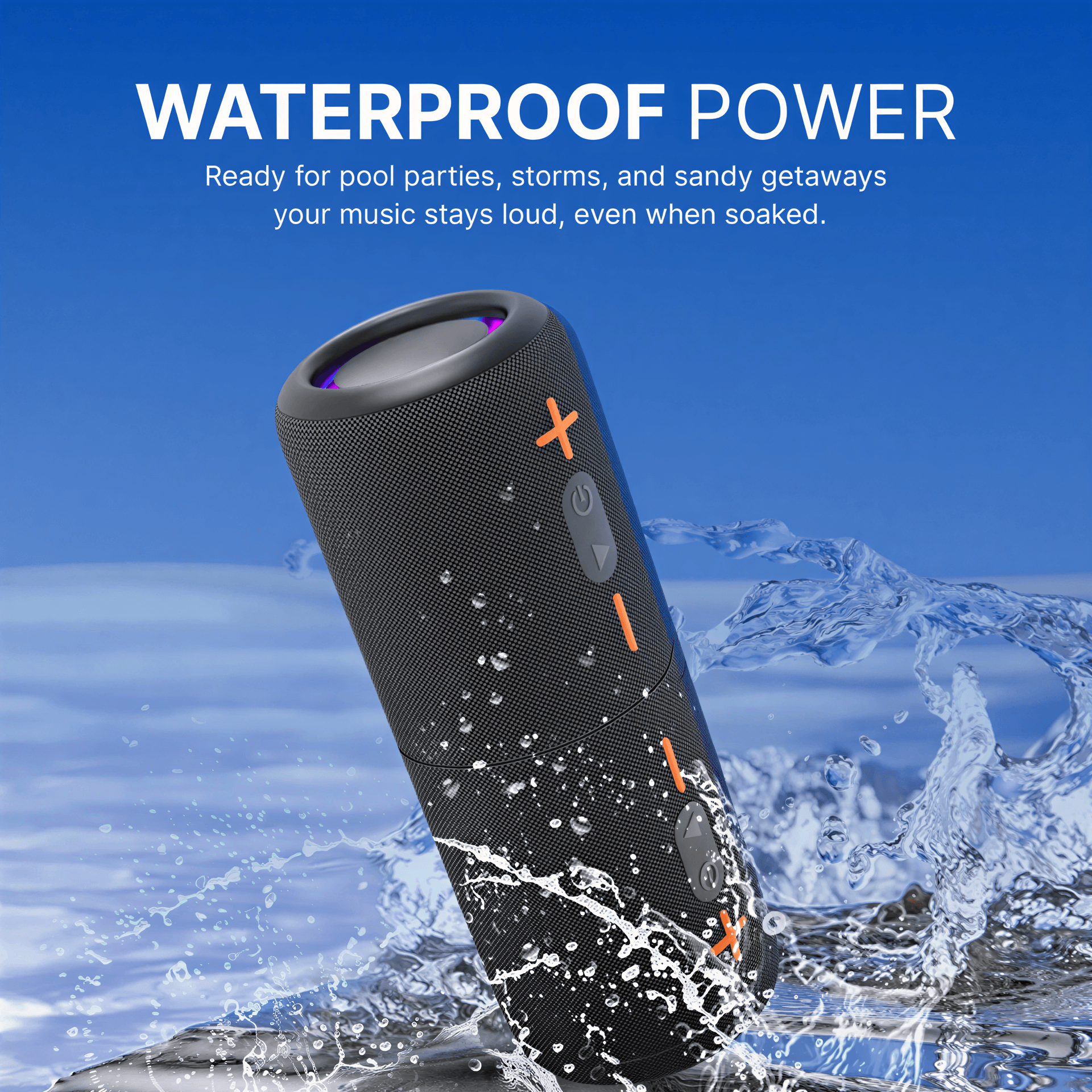 Digital image of a black cylindrical waterproof Bluetooth speaker with vibrant orange control buttons and a glowing purple top dramatically splashing in brilliant blue water