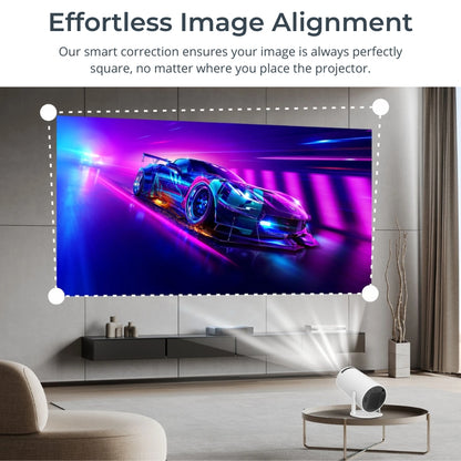 White smart projector on a round coffee table projecting a perfectly aligned, neon blue and pink sports car image onto a modern minimalist living room wall above a dark gray floating console