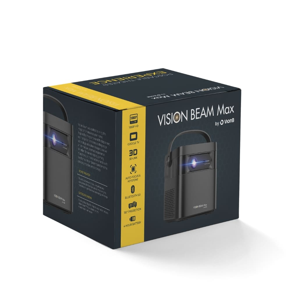 Photograph of the black and yellow retail box for the VionB VISION BEAM Max portable projector angled on a white background displaying product features like 1080P HD, Google TV, and a blue-lit lens