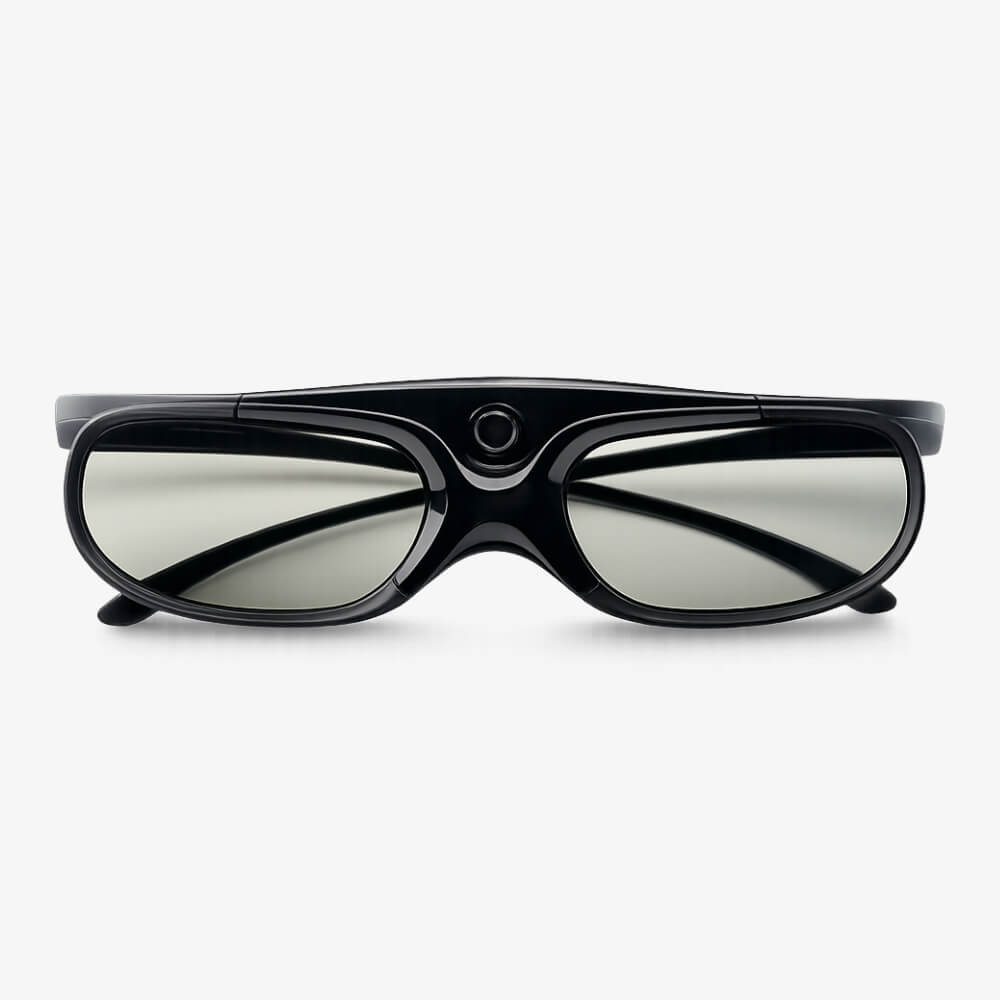 A pair of sleek black 3D glasses featuring polarized gray lenses and a prominent central circular sensor presented on a clean white studio background