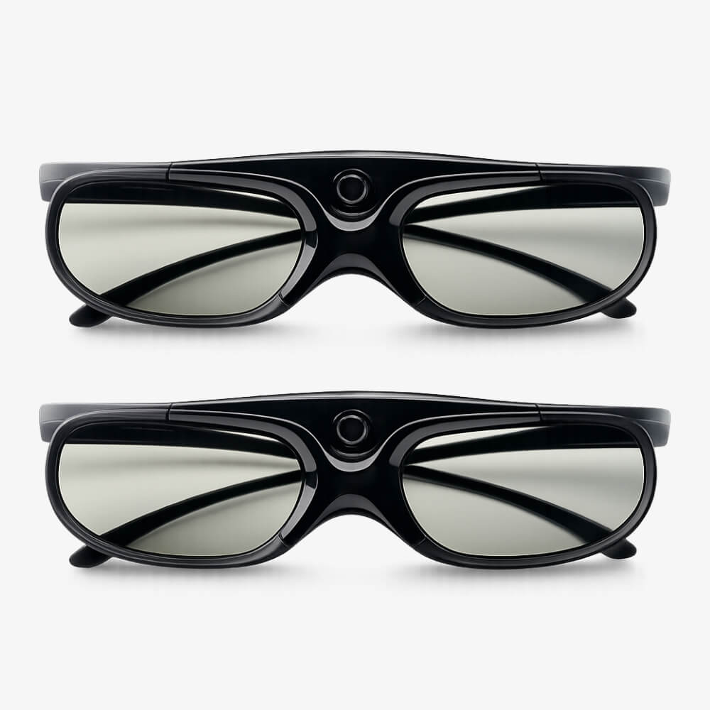 Two black active shutter 3D glasses on a white background with sleek black frames, light grey rectangular lenses, and a distinct circular sensor on the top bridge, stacked horizontally