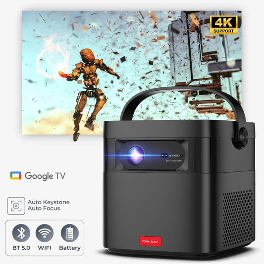 A sleek black portable VISION BEAM projector with a top handle projecting a vibrant 4K action scene of an orange robot with glowing energy amidst debris, highlighting its Google TV, Auto Keystone, Auto Focus, BT 5.0, WiFi, and Battery features