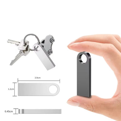 Silver metallic rectangular USB flash drive keychain with a circular hole, displayed attached to car keys alongside a car charm, held in a hand, and detailed with its 3.9cm length and 0.45cm thickness