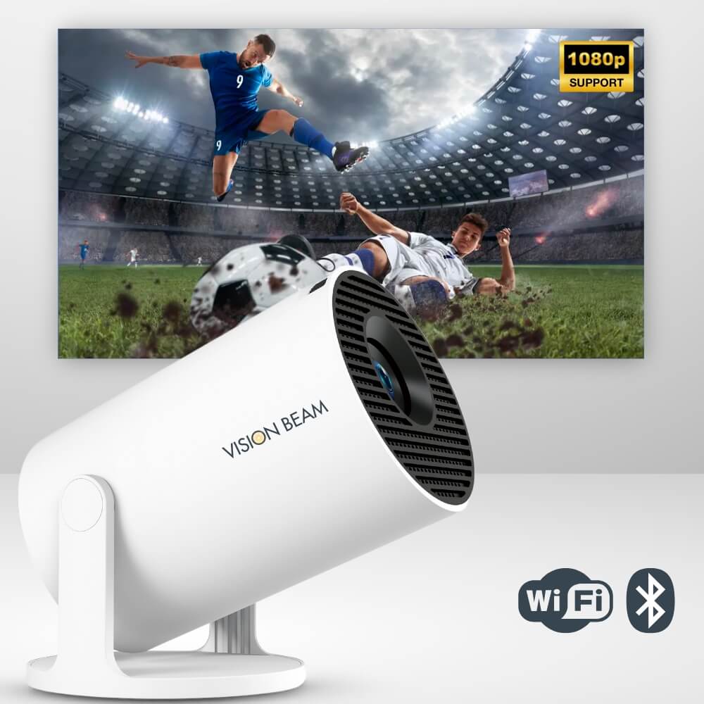 Product photograph of a white cylindrical Vision Beam projector angled upwards, displaying a dynamic stadium soccer match with a player in a blue uniform airborne to kick the ball above a fallen opponent on muddy grass, also featuring a 1080p Support badge and Wi-Fi Bluetooth logos