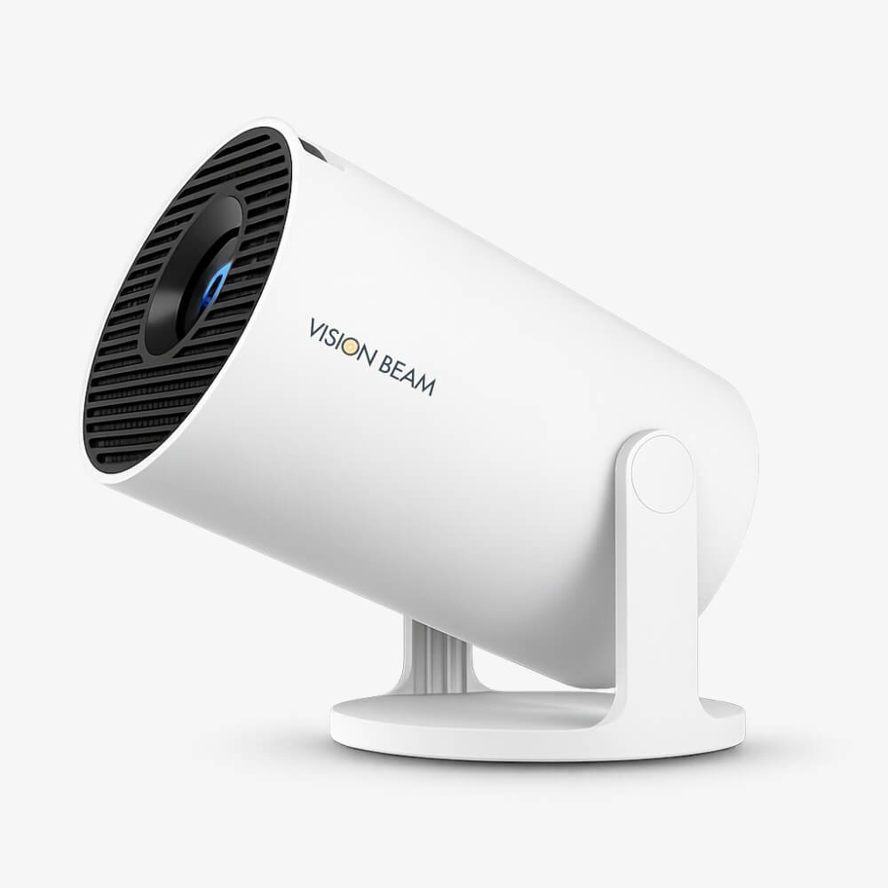 White cylindrical VISION BEAM projector with a prominent black grille, a subtle blue lens glow, and a clean integrated stand