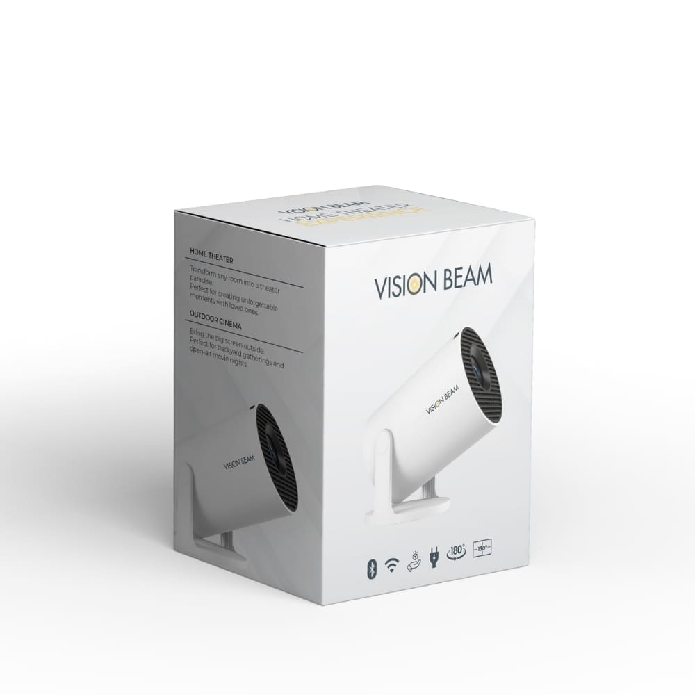 Product photography of a white Vision Beam projector box, showcasing the sleek white projector, with text promoting home theater and outdoor cinema uses, and icons detailing its 180-degree rotation and 150-inch screen size