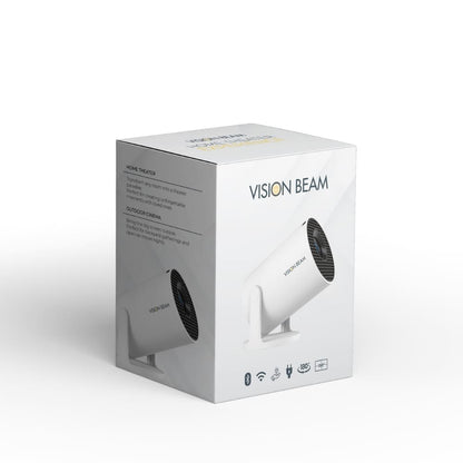 Product photography of a white Vision Beam projector box, showcasing the sleek white projector, with text promoting home theater and outdoor cinema uses, and icons detailing its 180-degree rotation and 150-inch screen size
