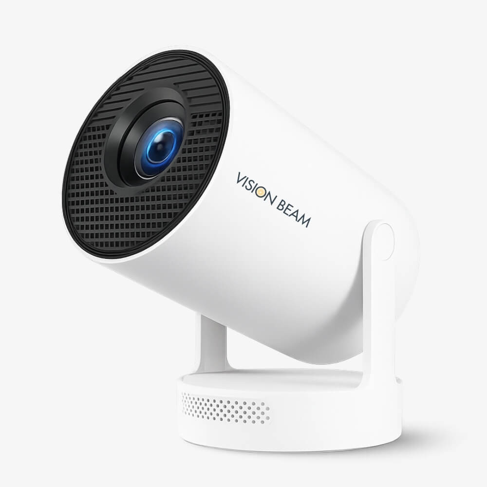 White cylindrical VISION BEAM projector displaying a vivid blue lens within a black perforated front, its brand name on the side, and a perforated base on a clean white background