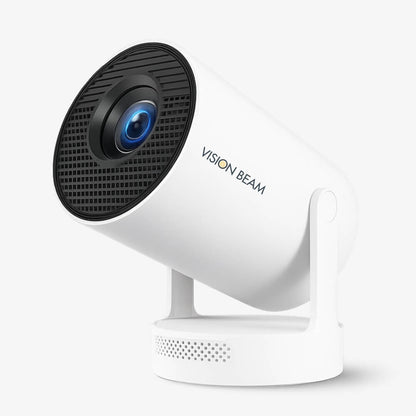 White cylindrical VISION BEAM projector displaying a vivid blue lens within a black perforated front, its brand name on the side, and a perforated base on a clean white background