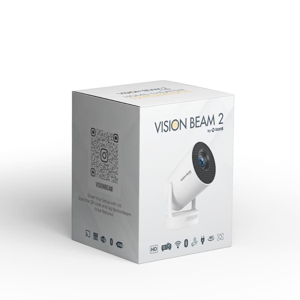 Product photography of a white Vision Beam 2 by VionB product box featuring bold green branding, a sleek white projector with a dark lens, and a QR code for Visionbeam social media engagement on the side