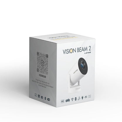 Product photography of a white Vision Beam 2 by VionB product box featuring bold green branding, a sleek white projector with a dark lens, and a QR code for Visionbeam social media engagement on the side